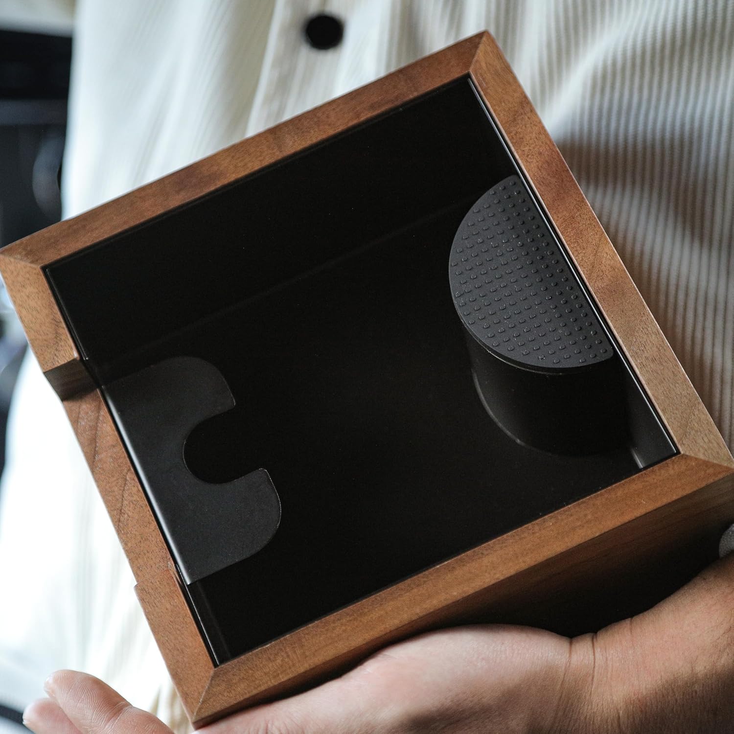 58mm Espresso Tamping Kit Walnut Tamper Station and Knock Box for Coffee Grounds Disposal and Tool Organization