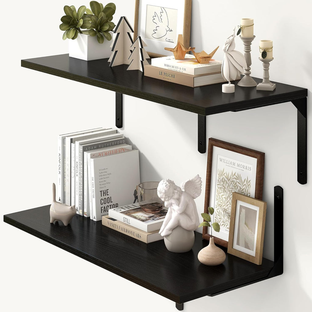 Fun Memories Floating Shelves for Wall, 12 Inch Deep Floating Shelves Set of 2, Wall Mounted Shelf with Metal Brackets, Rustic Wood Wide Shelf for Bathroom, Kitchen and Living Room, Black, 32W x 12D