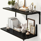 Fun Memories Floating Shelves for Wall, 12 Inch Deep Floating Shelves Set of 2, Wall Mounted Shelf with Metal Brackets, Rustic Wood Wide Shelf for Bathroom, Kitchen and Living Room, Black, 32W x 12D