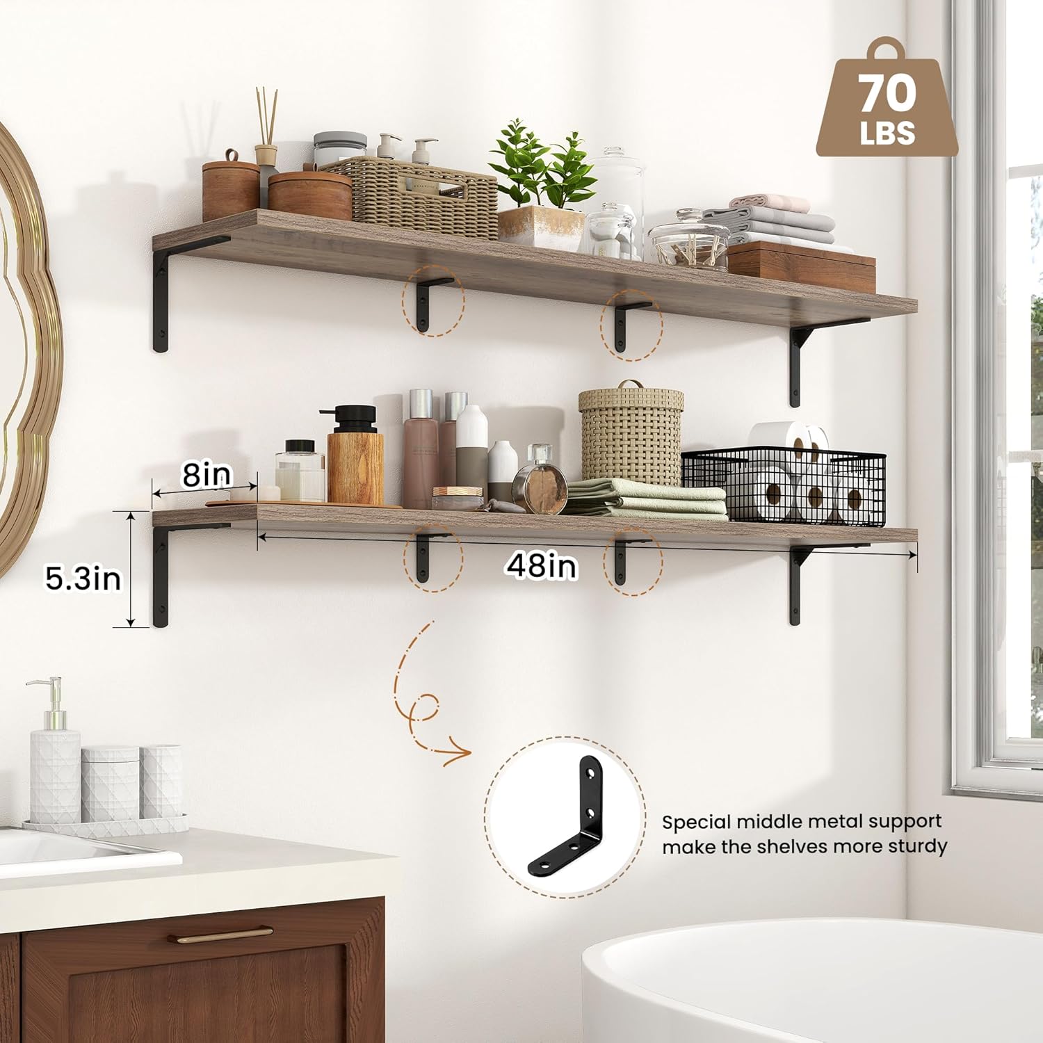 Fun Memories Deep Floating Shelves, 48W x 8D Floating Shelves Set of 2, Wall Mounted Shelf with Metal Brackets, Rustic Wood Wall Shelf for Bathroom, Kitchen and Living Room, Grey