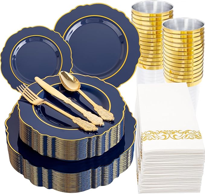 KIRE 210Pcs Navy Blue Plastic Plates - Blue Plates Disposable - 30guest Baroque Plastic Dinnerware for Hanukkah/Upscale Wedding/Parties