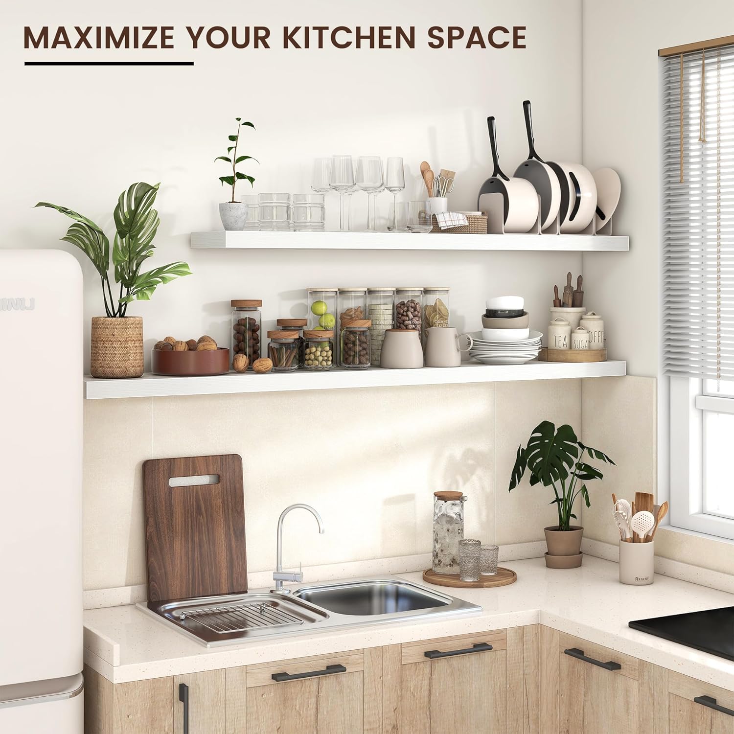 Floating Shelves for Wall, Large Wall Mounted Shelves with Invisible Brackets, Long Wood Floating Shelf for Living Room, Bedroom, Kitchen, (White, 55" W x 9" D x 1.5" H)