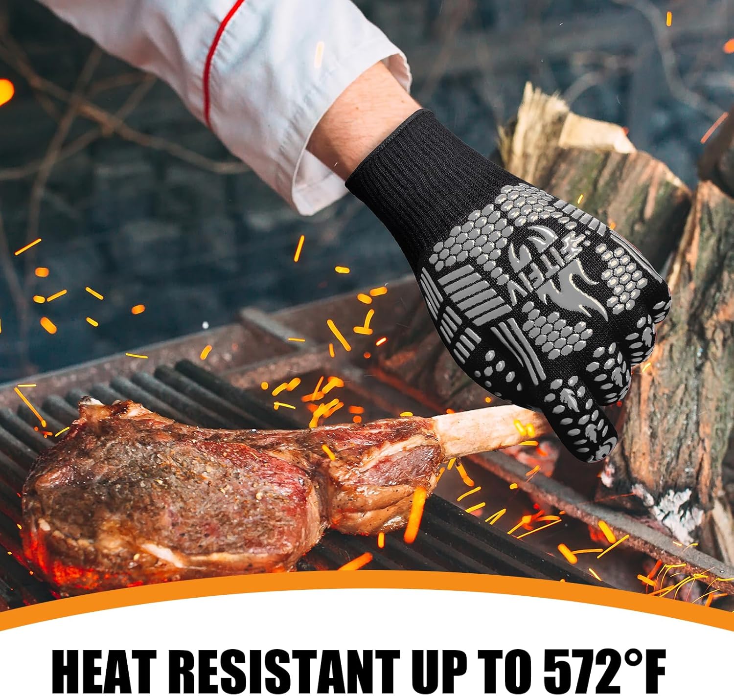 BBQ Gloves, Oven Gloves, Extreme Heat Resistant Barbecue Gloves, Silicone Non-Slip Oven Mitts, Kitchen Gloves for Cooking, Grilling, and Baking (Gray)