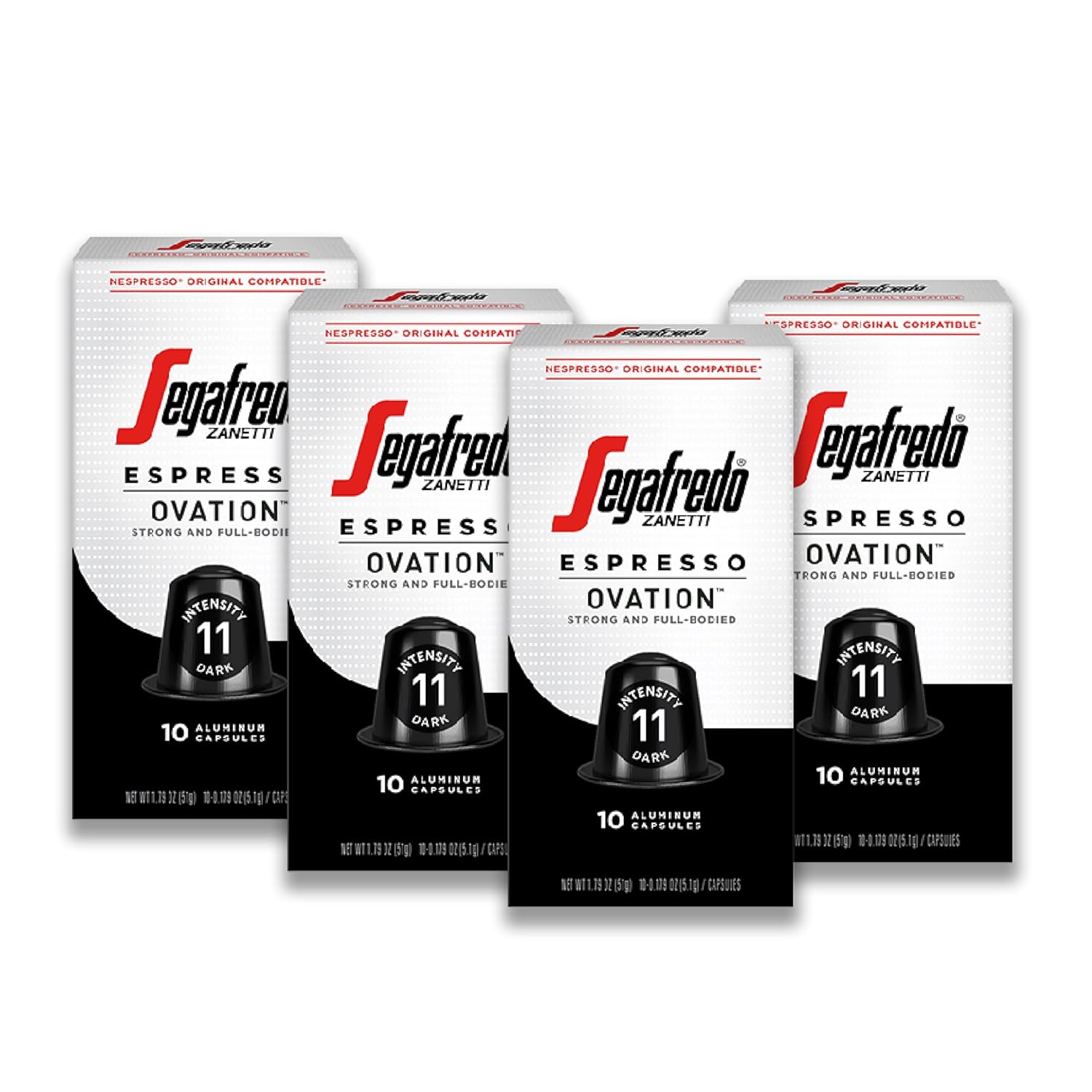 Segafredo Zanetti Espresso Capsules – Aluminum Pods for Nespresso Original Machines – Dark Roast Premium Espresso with a Full-Bodied Aroma – Strong, Intensity 11 – Ovation, 10 Count (Pack of 4)