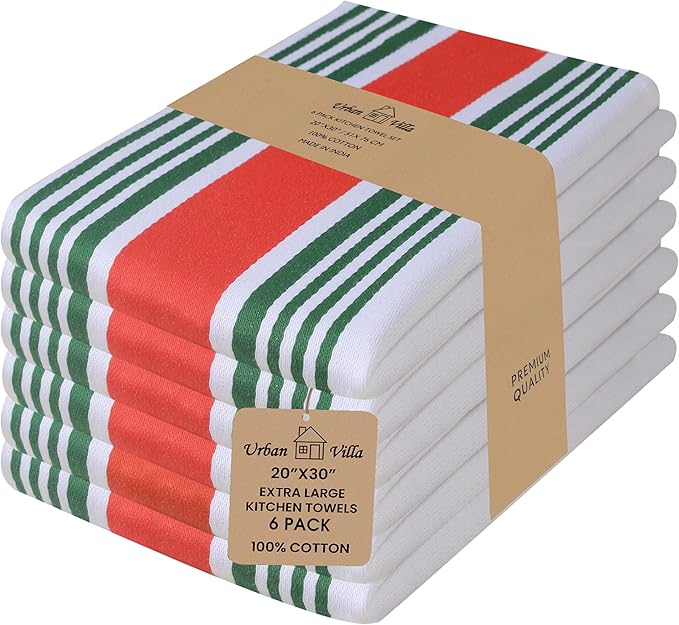 Urban Villa Kitchen Towels 100% Cotton Dish Towels for Kitchen (Set of 6) 20”x30” Dish Cloths Highly Absorbent Kitchen Linen Set with Hanging Loop Perfect for Drying Dishes Cleaning Towels- Christmas