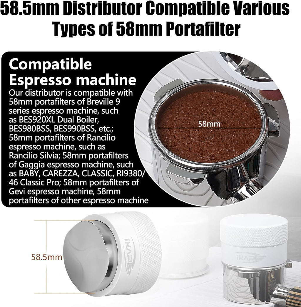 IKAPE 58MM Coffee Distributor, Gravity Adaptive Espresso Distributor Fits All Over 58MM Espresso Portafilter, Compatible with 58.35MM Rancilio Bottomless Portafilter (White)