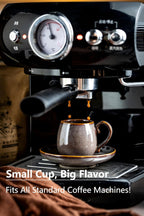 LYEOBOH 3 Ounce Espresso Cups and Saucers Set of 6, Ceramic Small Coffee Cups with Metal Holder and Spoons, Cute Demitasse Cups for Tea, Espresso, Latte, Cafe Mocha, Brown