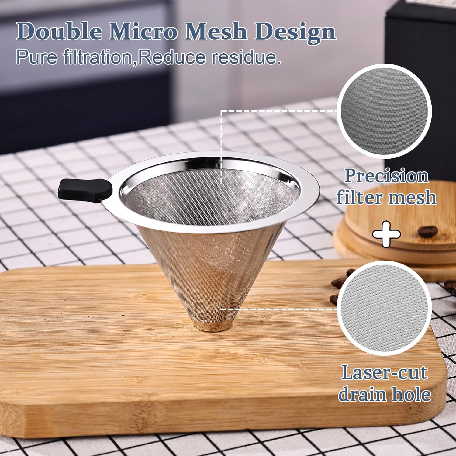 Small Size Pour Over Coffee Filter Dripper, Stainless Steel Metal Cone Drip Coffee Filter, Paperless and Permanently Reusable, Double Mesh Coffee,Tea Filter for 1-2 Cups