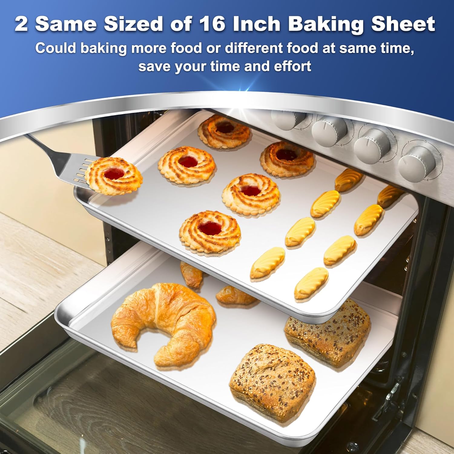 P&P CHEF 16 Inch Baking Cookie Sheet, Oven Pan Tray Stainless Steel Sheet Pan for Kitchen, Oven Bakeware for Multi Uses, Shiny Look & Dishwasher Safe, Healthy & Heavy Duty, 2Pcs