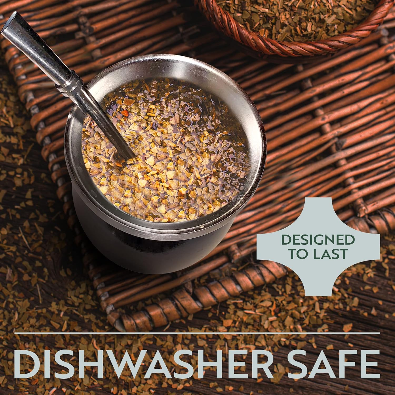 Norte Yerba Mate Cup Kit, 8-Ounces Traditional Mate Tea Cup/Gourd Set | Includes 2 Bombillas (Yerba Mate Straw) & Cleaning Brush, Stainless Steel Cup, Double-Walled, Easy to Clean | Black