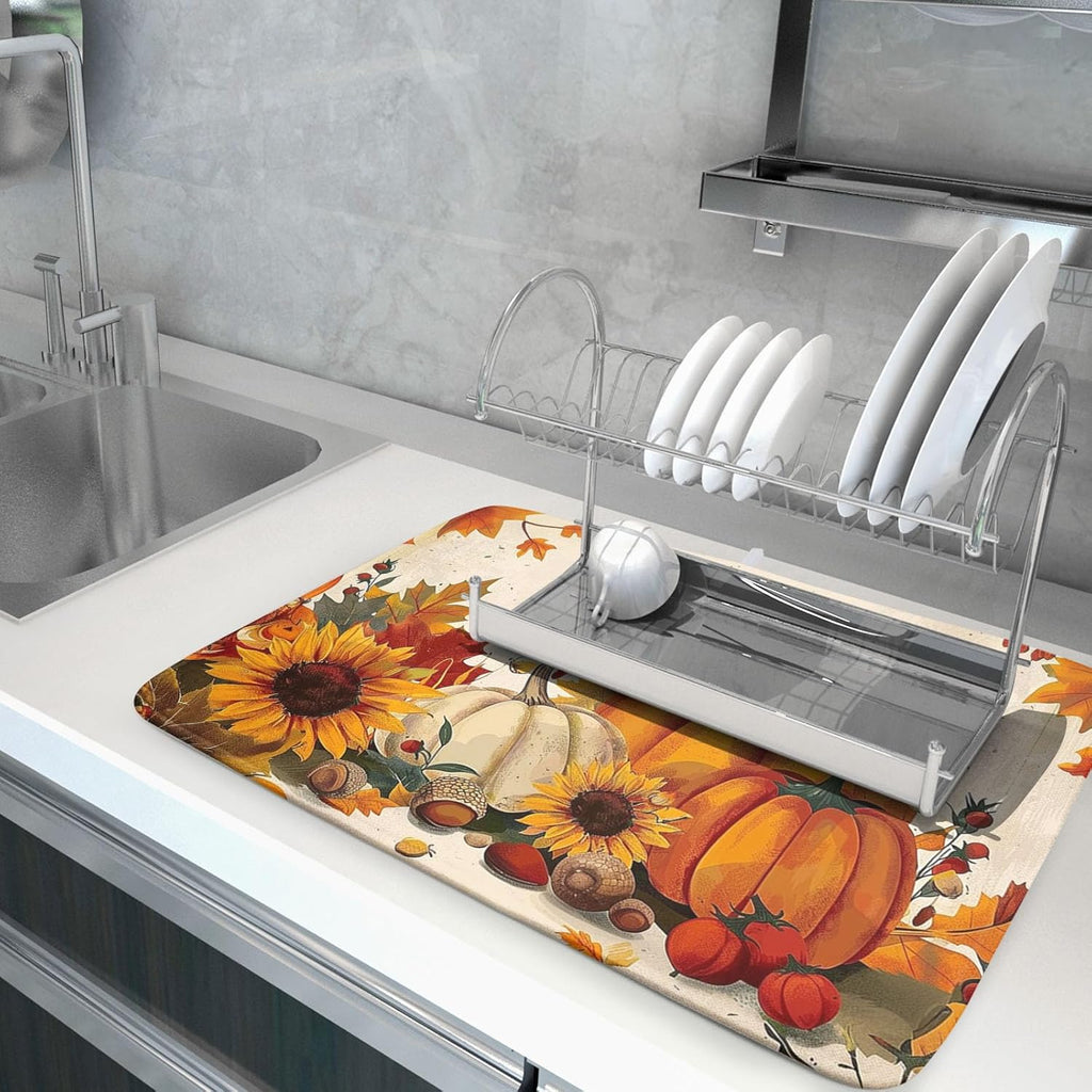 Happy Thanksgiving Day Harvest Dish Drying Mat for Kitchen Counter,Sunflower Maple Leaves Pumpkin Drying Mat 18 x 24 Inch with Absorbent Reversible Microfiber Dish Drying Pad for Coffee Bar