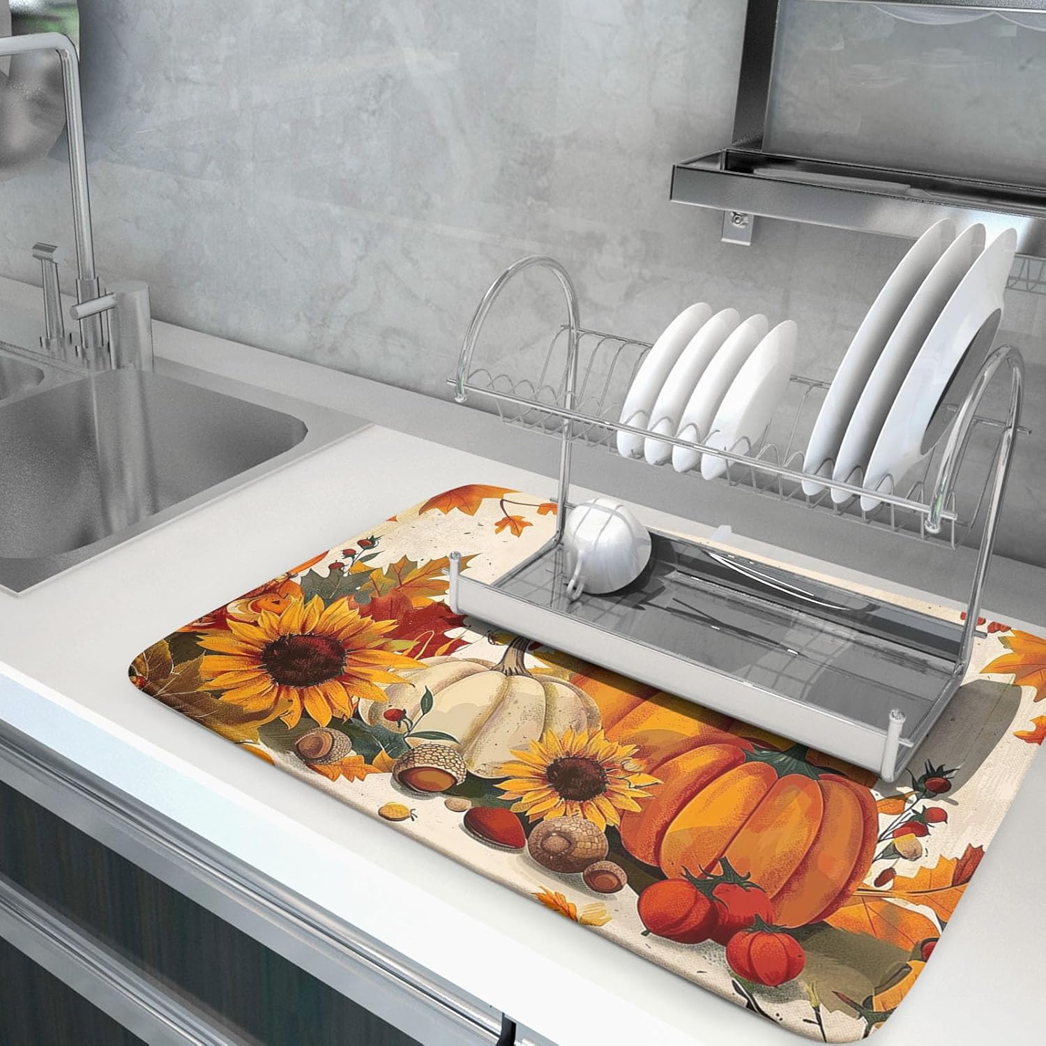 Happy Thanksgiving Day Harvest Dish Drying Mat for Kitchen Counter,Sunflower Maple Leaves Pumpkin Drying Mat 18 x 24 Inch with Absorbent Reversible Microfiber Dish Drying Pad for Coffee Bar