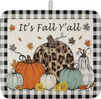 Fall Dish Drying Mat for Kitchen Counter Pumpkin Drying Pad Absorbent Drying Mats for Countertops Sinks Draining Racks Maple Leaves Black Buffalo Plaid Drainer Holiday Harvest Thanksgiving Decor 16x18