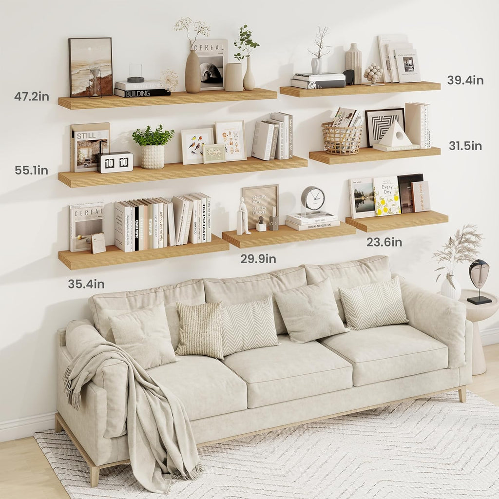 Fun Memories 48 Inch Deep Floating Shelves for Wall, 2 Pack of Long Wall Mounted Wood Shelves with Invisible Brackets for Bathroom, Bedroom, Living Room, Kitchen Decor and Storage, Oak