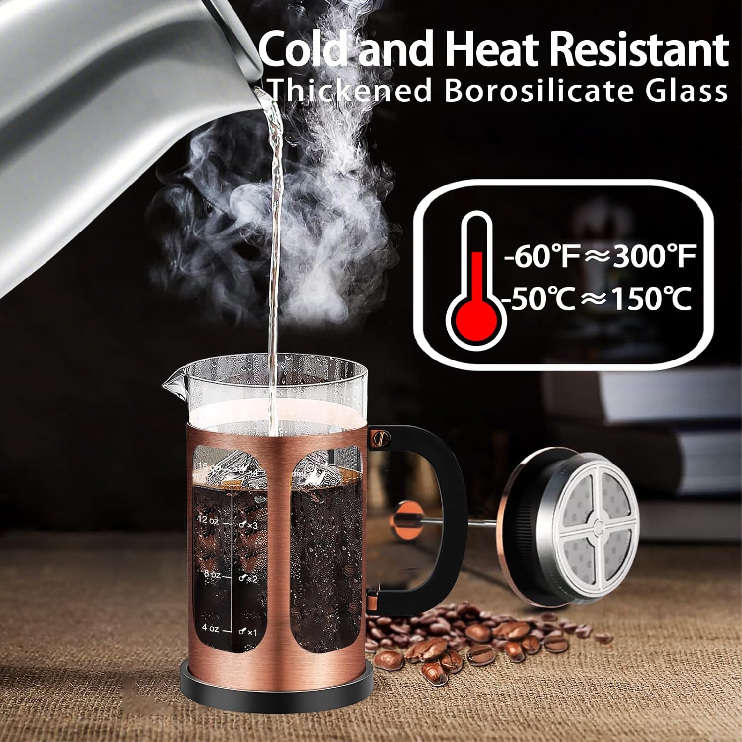 French Press Coffee Maker (21oz 600ML 3-4Cup) Coffee Press, with 4 Filters System, Heat Resistant Thickness Borosilicate Glass, Cold Brew Coffee Tea Pot Gifts (Copper)