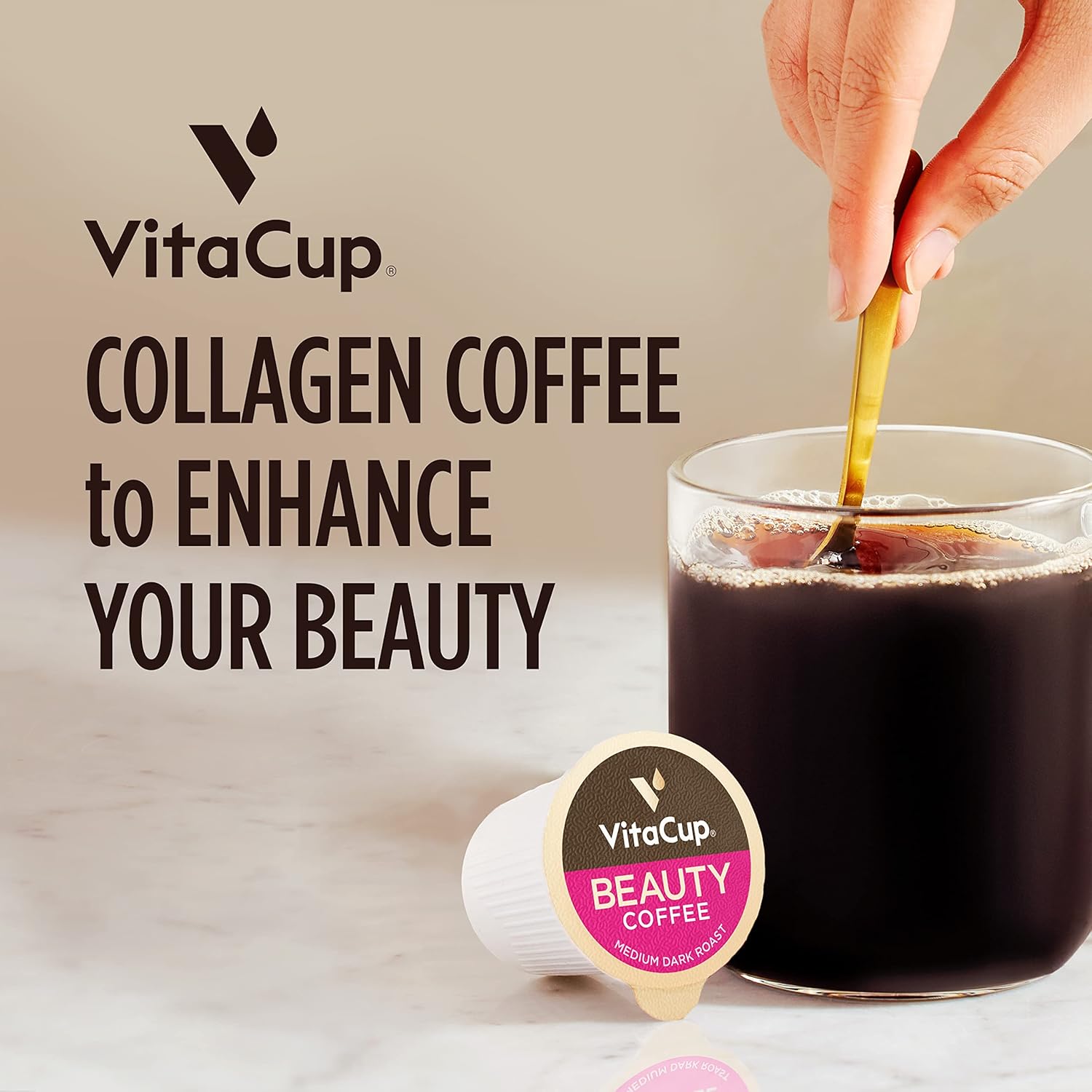 VitaCup Beauty Collagen Coffee Pods for Hair, Skin & Nails, with Biotin & Folate, Medium Dark Roast, Keto Friendly, Recyclable Single Serve Pod Compatible with Keurig K-Cup Brewers,32 Ct