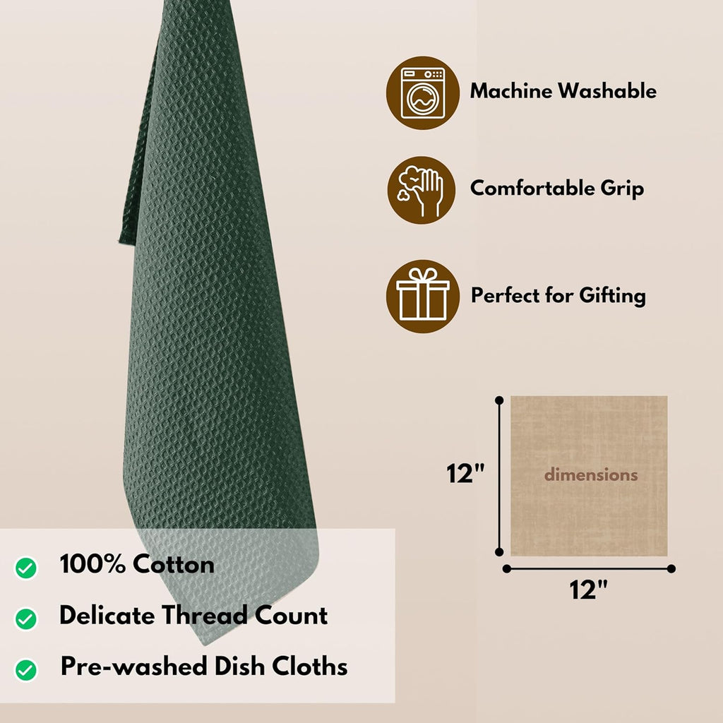 Native Fab 18 Pack Dish Cloths - Soft, Absorbent, Quick Drying, Washable Towels for All Cleaning, Cooking, Baking, 100% Cotton, Ideal for Home, Restaurants, Bars & Multi Purpose Use - Olive Green