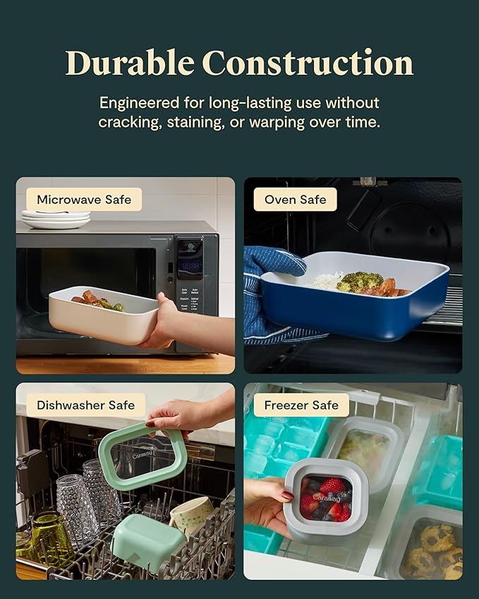 Caraway Glass Food Storage - 4.4 Cup Glass Container - Ceramic Coated Food Container - Non Toxic, Non Stick Lunch Box Container with Lids. Dishwasher, Oven, & Microwave Safe - Sage