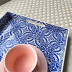 2 Pack Serving Tray with Handles, Rectangular Decorative Trays for Coffee Table, Modern Blue Plastic Ottoman Tray for Living Room, Bathroom, Kitchen, Decor, (Boho Blue)