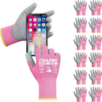 DULFINE Work Gloves for Men PU Coated 12 Pairs Bulk Pack,Pink Seamless Knit Glove with thin Polyurethane,Two Finger Touchscreen, for Men and Women, Ideal for Light Duty Work. (Large)