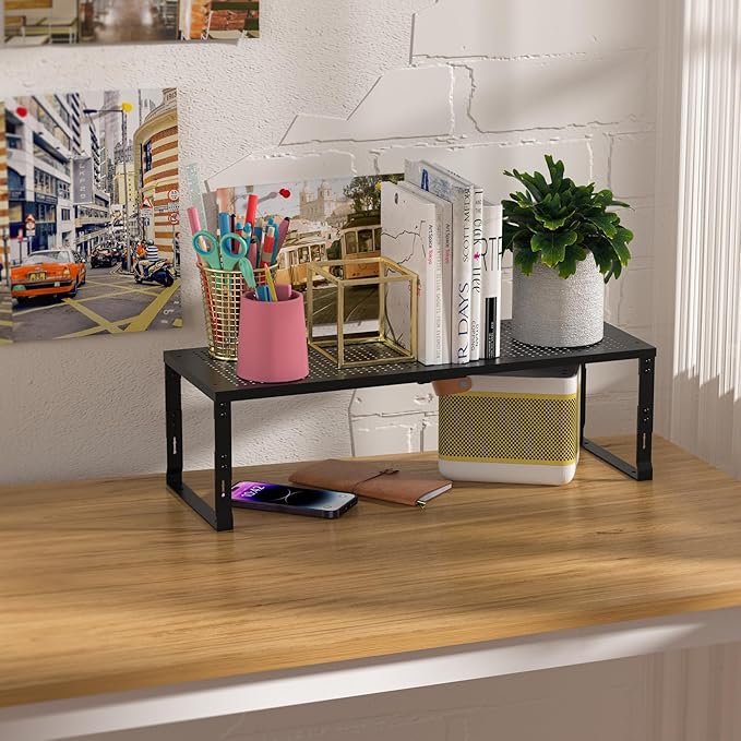 Heavy-Duty Adjustable Metal Shelf Organizer - Expandable & Stackable Pantry Storage Rack for Kitchen, Bathroom, RV, Cabinets(2 Packs/Black, Large)