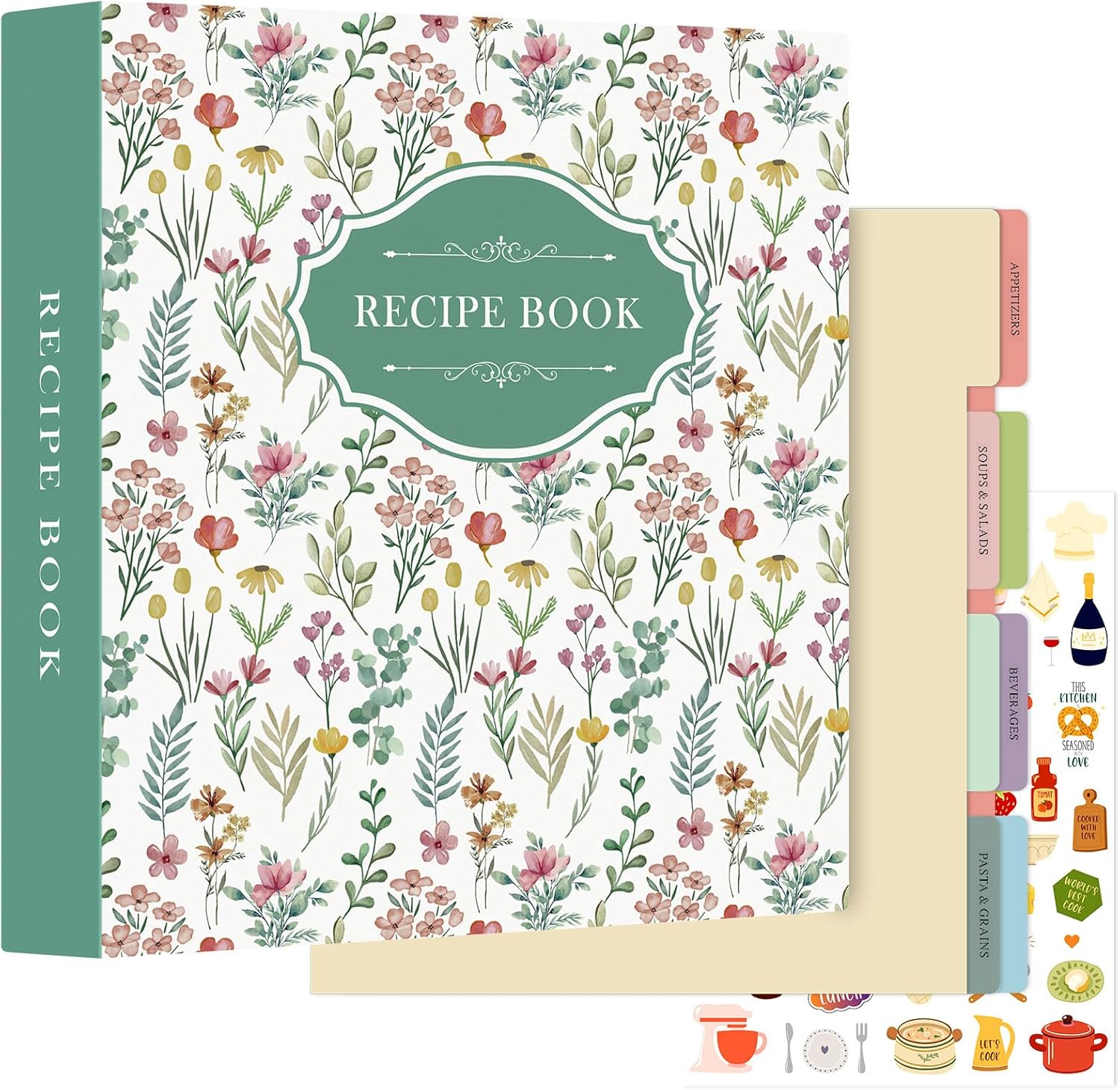 Lanpn Recipe Binder 8.5x11 3 Ring Kit, Blank Organizer Recipe Binder Waterproof Cookbook to Write in Your Own Recipes with 60 Plastic Sleeves,116 Recipes, Dividers,Labels & Stickers, Green