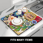 Rnivvi Dish Drying Mat for Kitchen Counter, 16 x 18" Cute Flower Theme Absorbent Heat Resistant Drying Pad with Non-slip Rubber, Coffee Bar Mats for Coffee Machine Dish Rack, Mandala Floral