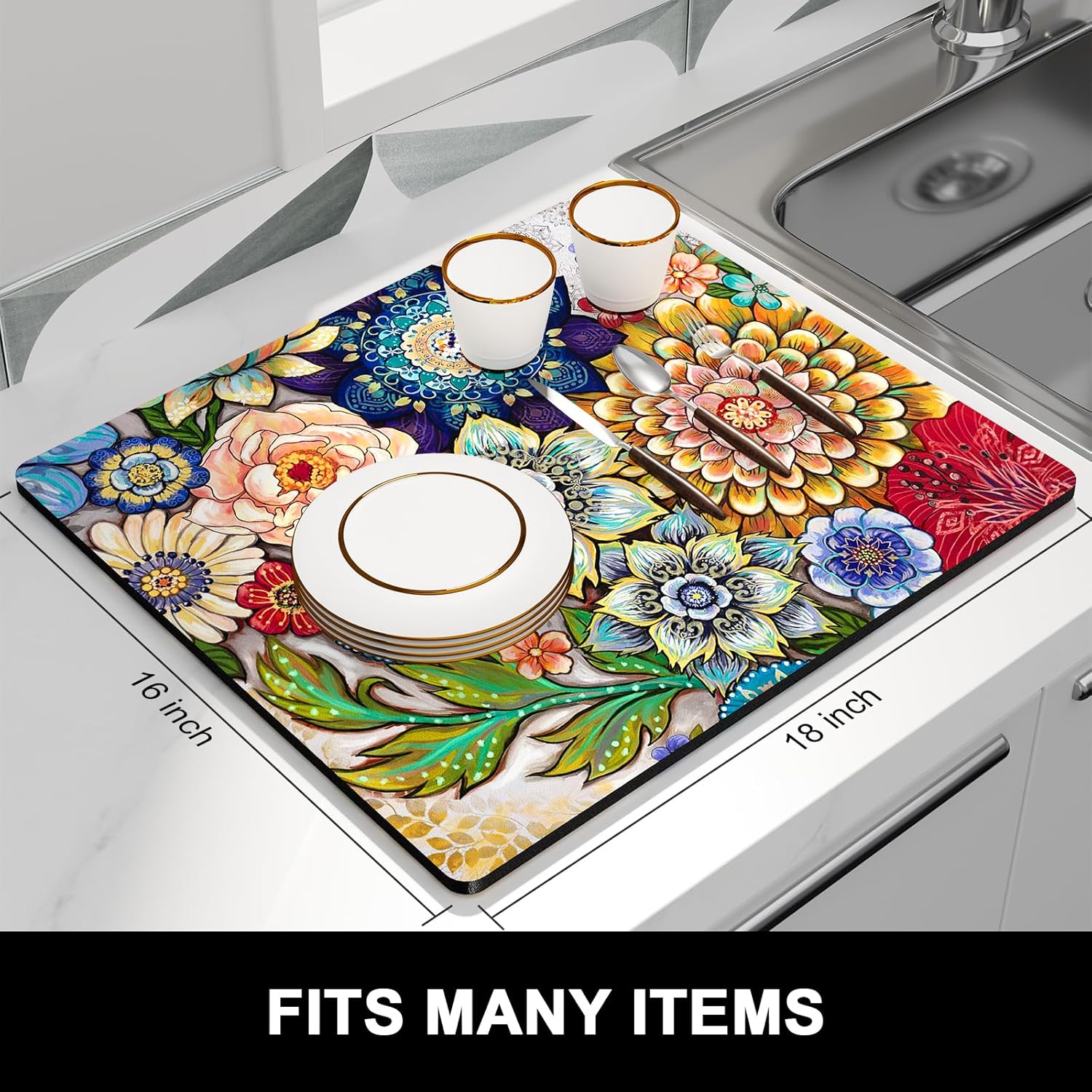 Rnivvi Dish Drying Mat for Kitchen Counter, 16 x 18" Cute Flower Theme Absorbent Heat Resistant Drying Pad with Non-slip Rubber, Coffee Bar Mats for Coffee Machine Dish Rack, Mandala Floral