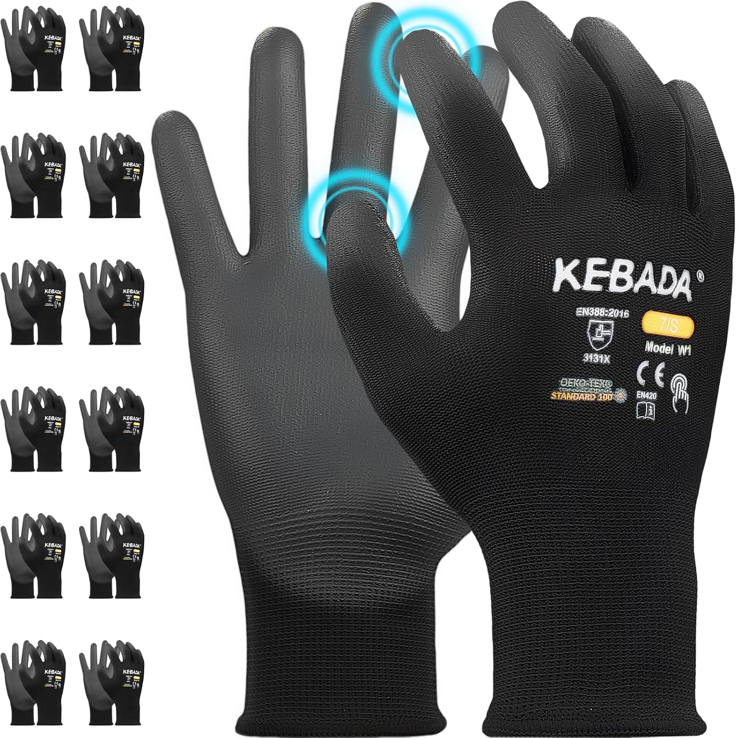 Kebada W1 Work Gloves for Men and Women, PU Coated Safety Gloves with Grip, Touchscreen, Ideal for Warehouse Package Handling, Construction, Gardening, Black Large