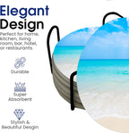 Ocean Coastal Theme Round Coasters Set of 6 - Abosrbent Ceramic Coasters with Metal Stand for Drinks, Beer, Coffee, Non-Slip Cork Back for Tabletop Protection, 4 Inches (Ocean)