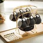 LYEOBOH Espresso Cups with Saucers Set, 3 Ounces Porcelain Coffee Cups with Metal Stand and Spoons, Cappuccino Cups Cute Demitasse Cups for Coffee Drinks, Latte, Tea Set of 6, Black