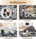 Arttown Coffee Mat for Countertops, Graffiti Abstract Letters Old School Black Dish Drying Mat 2 Pcs for Kitchen Bar Accessories, Coffee Maker Espresso Machine Dish Rack Hide Stain Rubber 12x19in