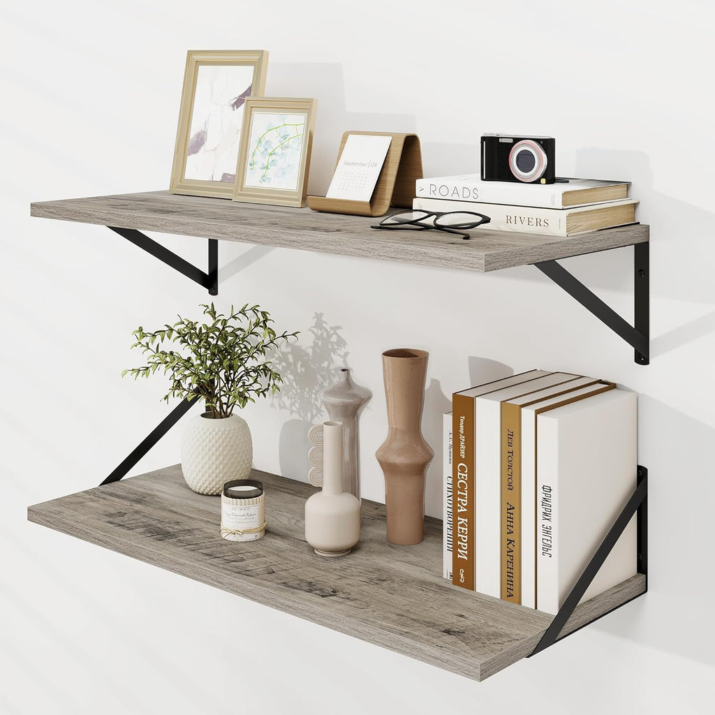 Dreamland Floating Shelves for Wall, 12 Inch Deep Floating Shelves Set of 2, 30W x 12D Large Wall Shelf with Sturdy Metal Brackets for Living Room, Bathroom, Bedroom and Kitchen, Grey