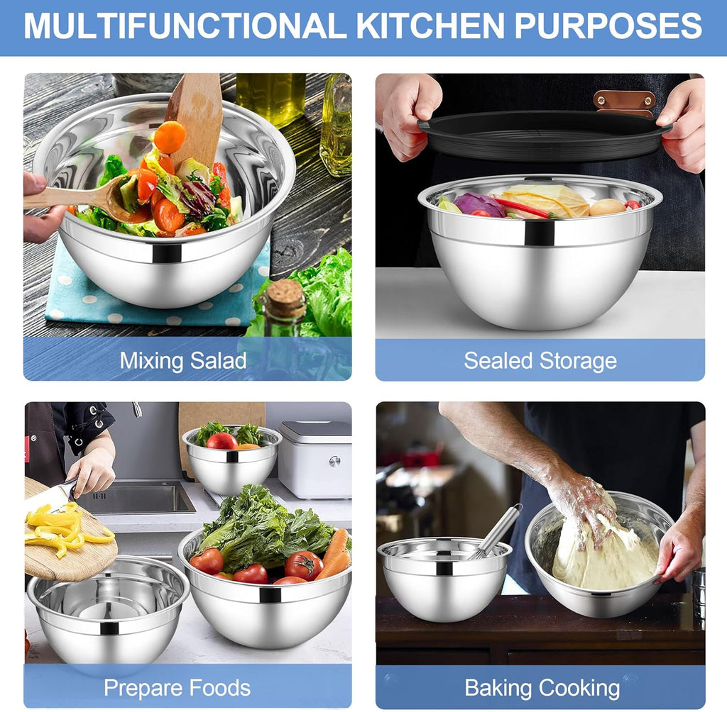 LIANYU Stainless Steel Mixing Bowls with Lids Set, Kitchen Nesting Metal Bowl Set of 6, Ideal for Salad Baking Cooking Serving Food Storage, Size 7, 3.5, 2.5, 2, 1.5, 1QT, Dishwasher Safe, Black