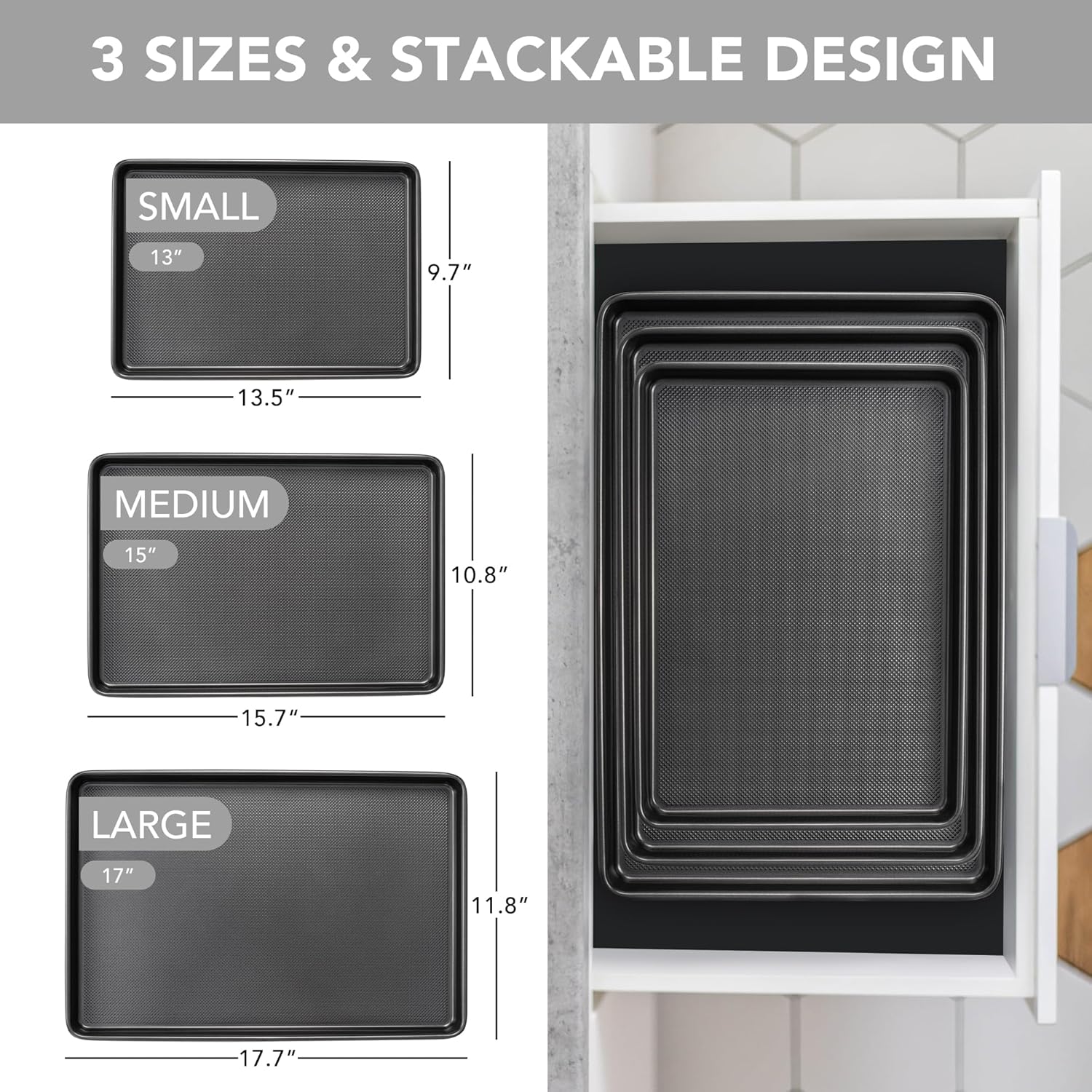 Tiawudi Baking Sheet Pan Set, 0.8mm Thick Heavy Duty Cookie Sheet with Diamond Texture Pattern, Nonstick Baking Tray for Oven, Carbon Steel Half, Jerry Roll Pan, Set of 3
