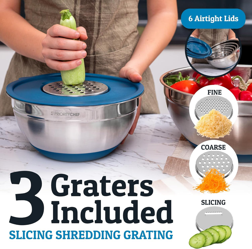 Priority Chef 6Pc Large Mixing Bowls With Lids Set with Non-Slip Bases, Stainless Steel Mixing Bowl Set, 6 Airtight Lids and 3 Graters, Blue