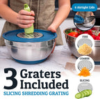 Priority Chef 6Pc Large Mixing Bowls With Lids Set with Non-Slip Bases, Stainless Steel Mixing Bowl Set, 6 Airtight Lids and 3 Graters, Blue