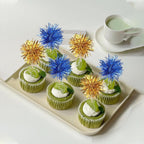 40 PCS Foil Firework Cupcake Toppers Sparkle Tinsel Cupcake Picks Fireworks Birthday Party Decorations Cocktail Fruit Toothpick for Birthday Wedding Graduation Party Decorations Supplies Gold Blue