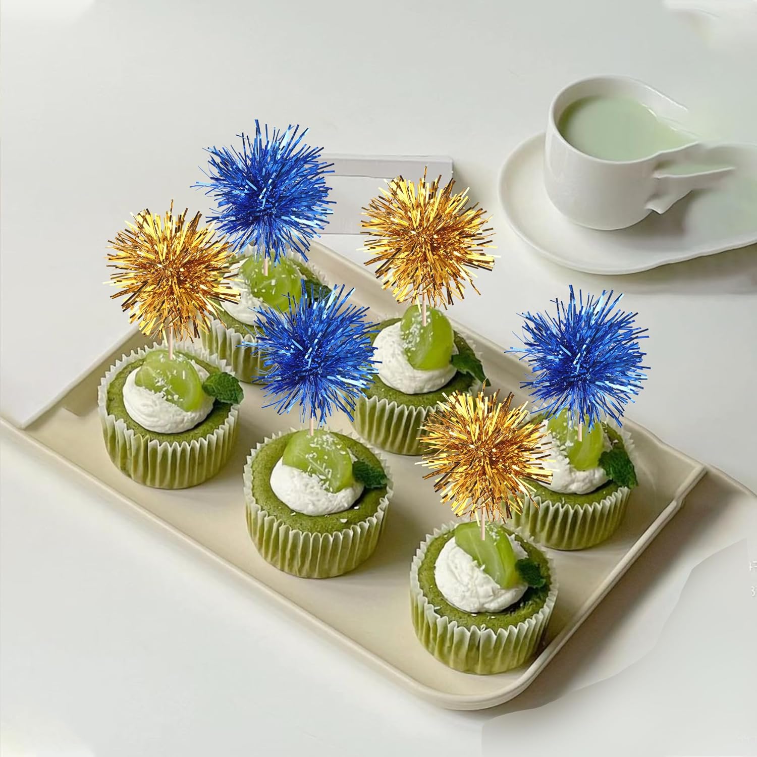 40 PCS Foil Firework Cupcake Toppers Sparkle Tinsel Cupcake Picks Fireworks Birthday Party Decorations Cocktail Fruit Toothpick for Birthday Wedding Graduation Party Decorations Supplies Gold Blue