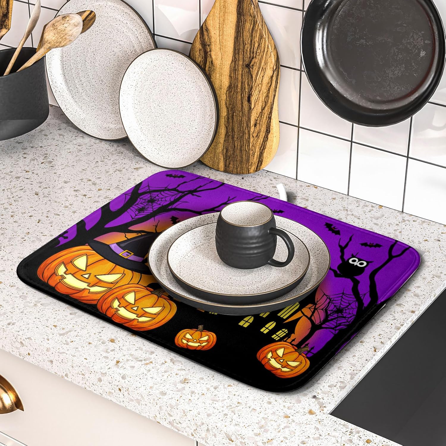 Happy Halloween Pumpkin Dish Drying Mat for Kitchen Counter,Witch Ghost Castle Bat Purple Drying Mat 16 x 18 Inch with High Absorbent Microfiber Drainer Mat for Coffee Bar
