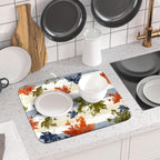 Autumn Colorful Maple Leaves Dish Drying Mat for Kitchen Counter,Blue and White Stripe Drying Mat 16 x 18 Inch with Absorbent Reversible Microfiber Dish Drying Pad Dish Rack Drainer Mat for Coffee Bar