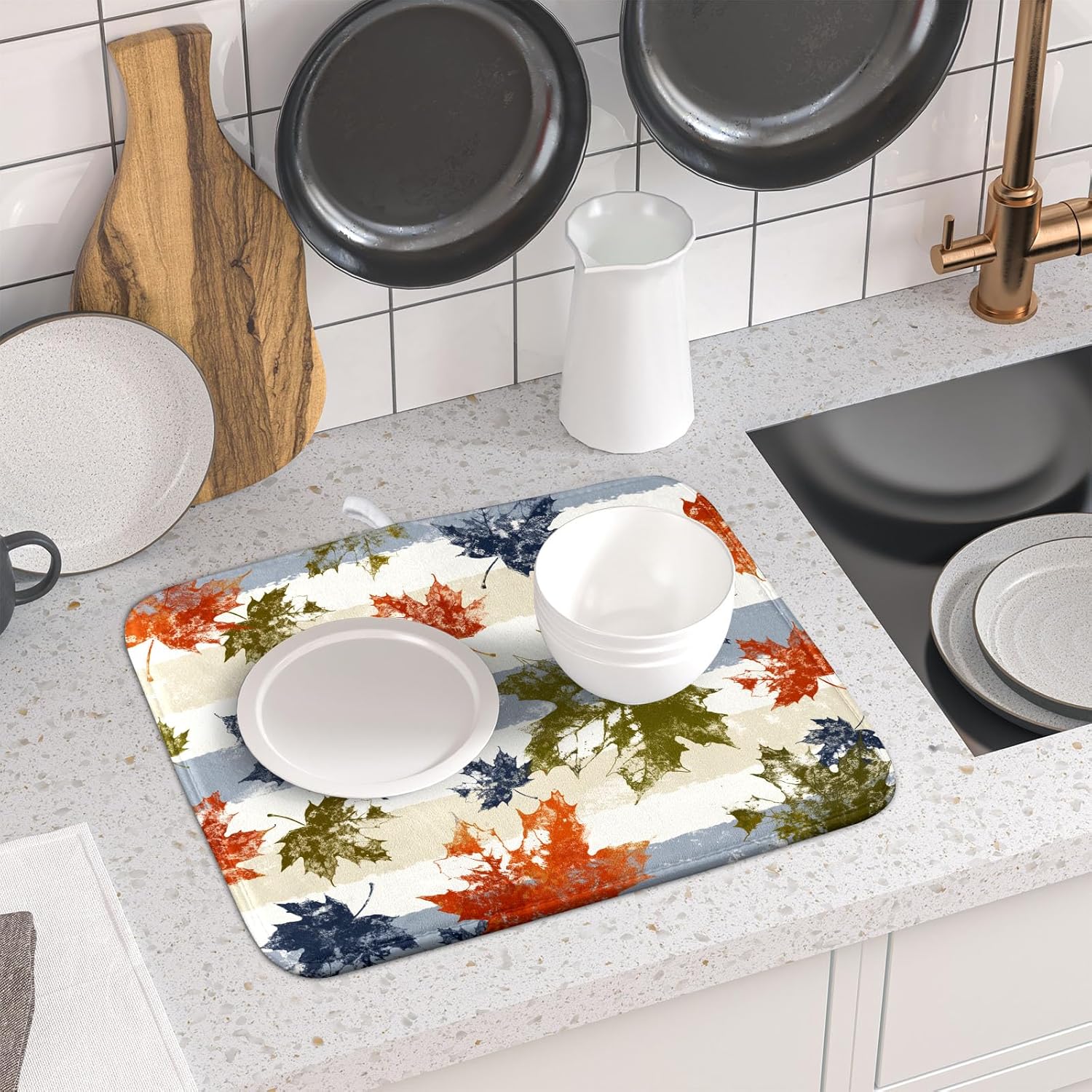 Autumn Colorful Maple Leaves Dish Drying Mat for Kitchen Counter,Blue and White Stripe Drying Mat 16 x 18 Inch with Absorbent Reversible Microfiber Dish Drying Pad Dish Rack Drainer Mat for Coffee Bar