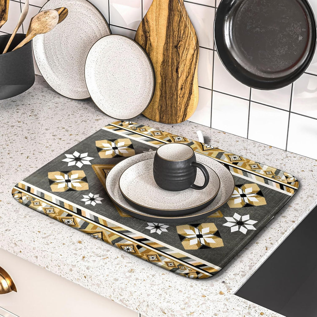 Boho Yellow Gray Aztec Dish Drying Mat for Kitchen Counter,Native American Tribal Aztec Ethnic Boho Style Drying Mat 16 x 18 Inch Microfiber Dish Drying Pad Dish Rack Pad Drainer Mat for Coffee Bar