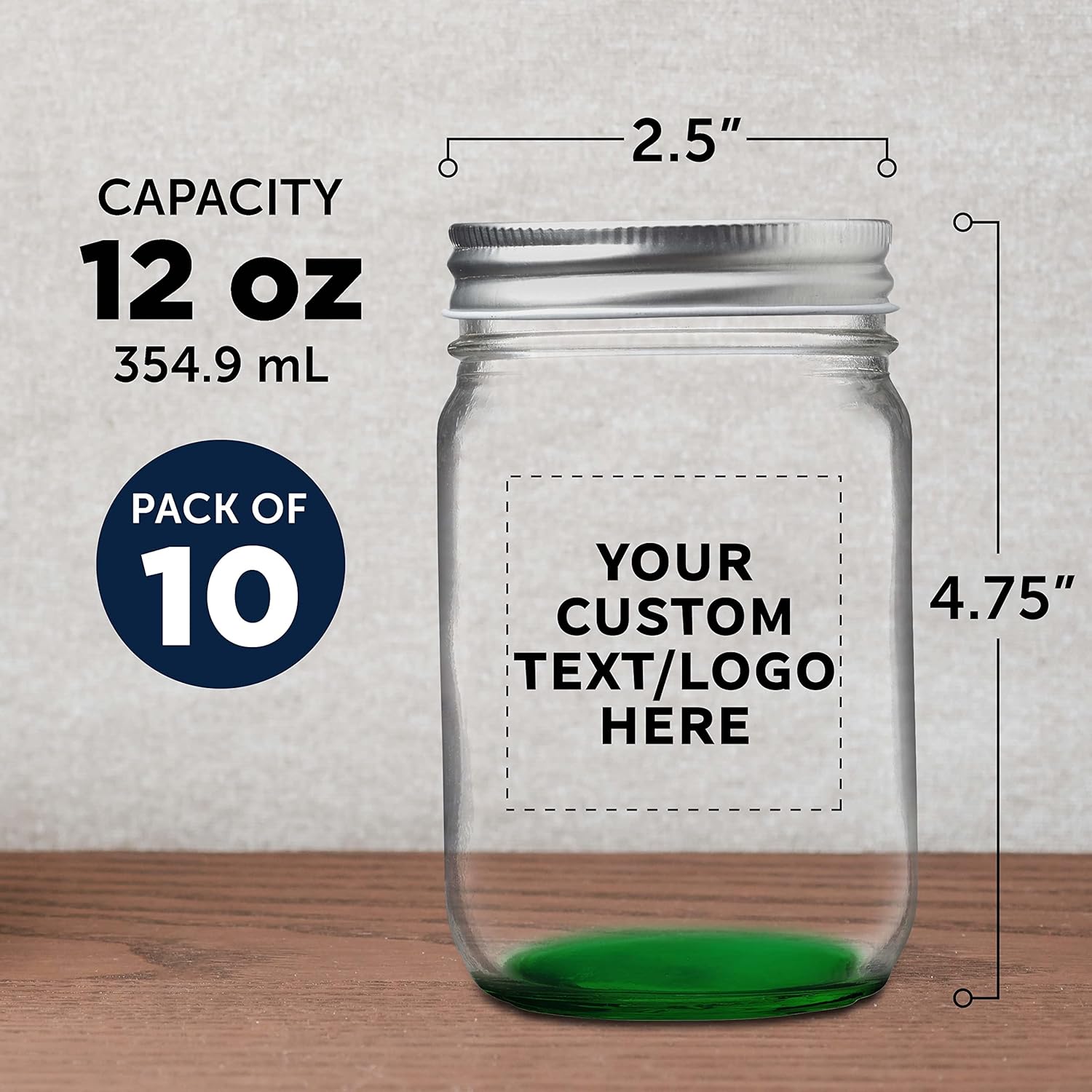 DISCOUNT PROMOS 10 Decorating Mason Jars Set, 12 oz. - Customizable Text, Logo - Canning, Aluminum Lid - Green