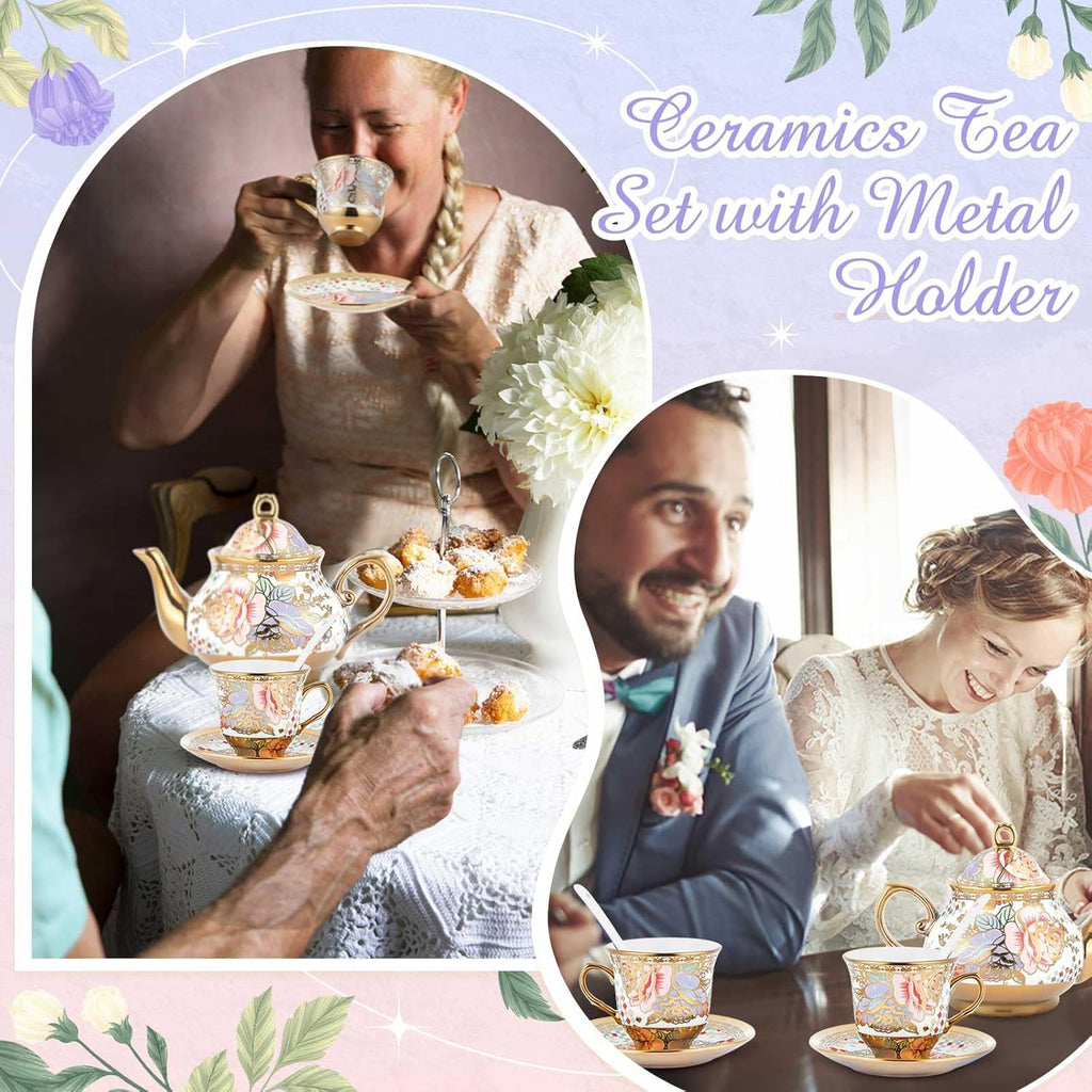 Zhehao 20 Pcs Porcelain Tea Set with Metal Holder and Spoon Adult Ceramic Tea Party Set European Flower Painting Teapot Cup Saucer Spoon Set for Women, Large Version(Rustic Style)