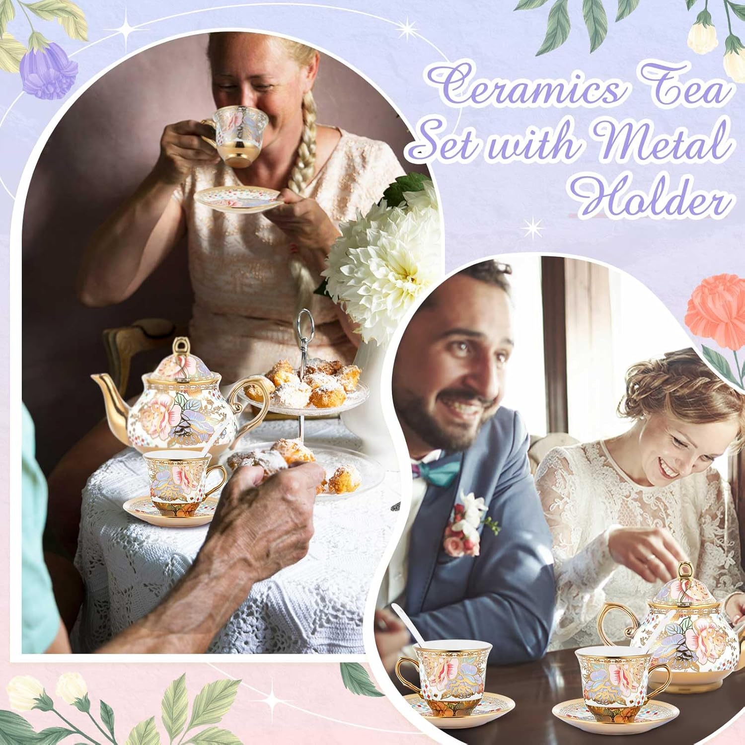 Zhehao 20 Pcs Porcelain Tea Set with Metal Holder and Spoon Adult Ceramic Tea Party Set European Flower Painting Teapot Cup Saucer Spoon Set for Women, Large Version(Rustic Style)