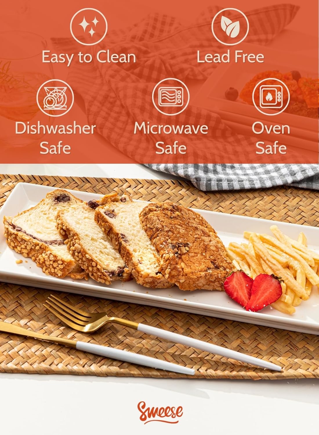 Sweese Rectangular Porcelain Platters, Serving Trays for Parties, 13.8 Inch Large Serving Dishes for Steak, Taco, Sushi, Appetizer, Cake - Dishwasher & Oven Safe - Set of 4, White