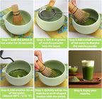 HengLiSam 8PCS Matcha Whisk Set, Ceramic Matcha Kit Set, Japanese Tea Ceremony Tools with Matcha Bowl, Bamboo Whisk, Holder, Sifter, Scoop, Tea Cloth, Spoon and Scoop Stand (Green)