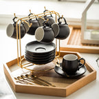 LYEOBOH Espresso Cups and Saucers Set, Ceramic Coffee Cup 3 Ounces Small Demitasse Cups Espresso Mugs with Spoons & Metal Stand for Cappuccino, Latte, Tea, Set of 6, Black