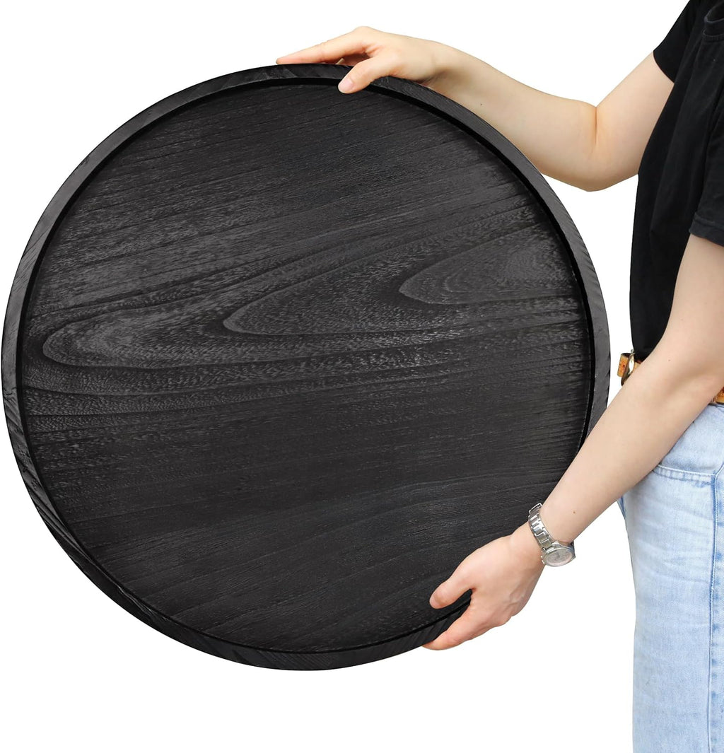 Round Ottoman Table Tray Round-24 - Rustic Wooden Serving Tray for Farmhouse Decorative Oversized Coffee Table Trays Living Room Kitchen Counter Breakfast Black